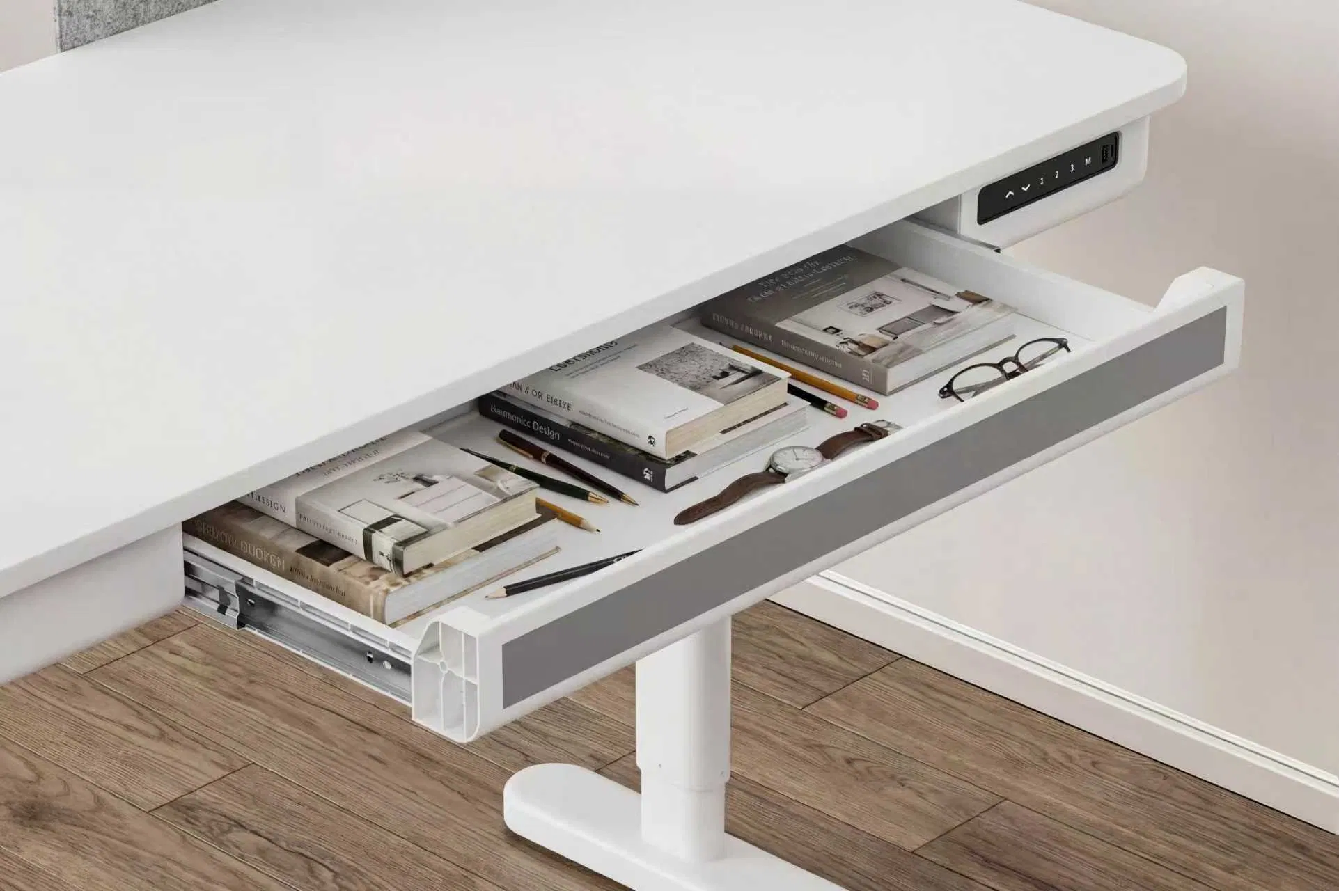 Partition Plastic Drawer Single Motor Adjustable USB Type-C Charging Standing Desk
