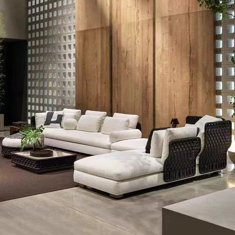 Hot Sale Patio Outdoor Rattan Deck Sofa High-End Villa Hotel Rope U-L Shape Sectional Sofa Set for Garden