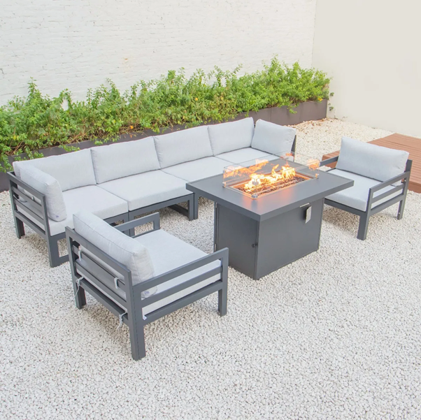 Luxury Metal Aluminum Frame Sectional Sofa Patio Outdoor Garden Sofa Set with Fire Pit Table