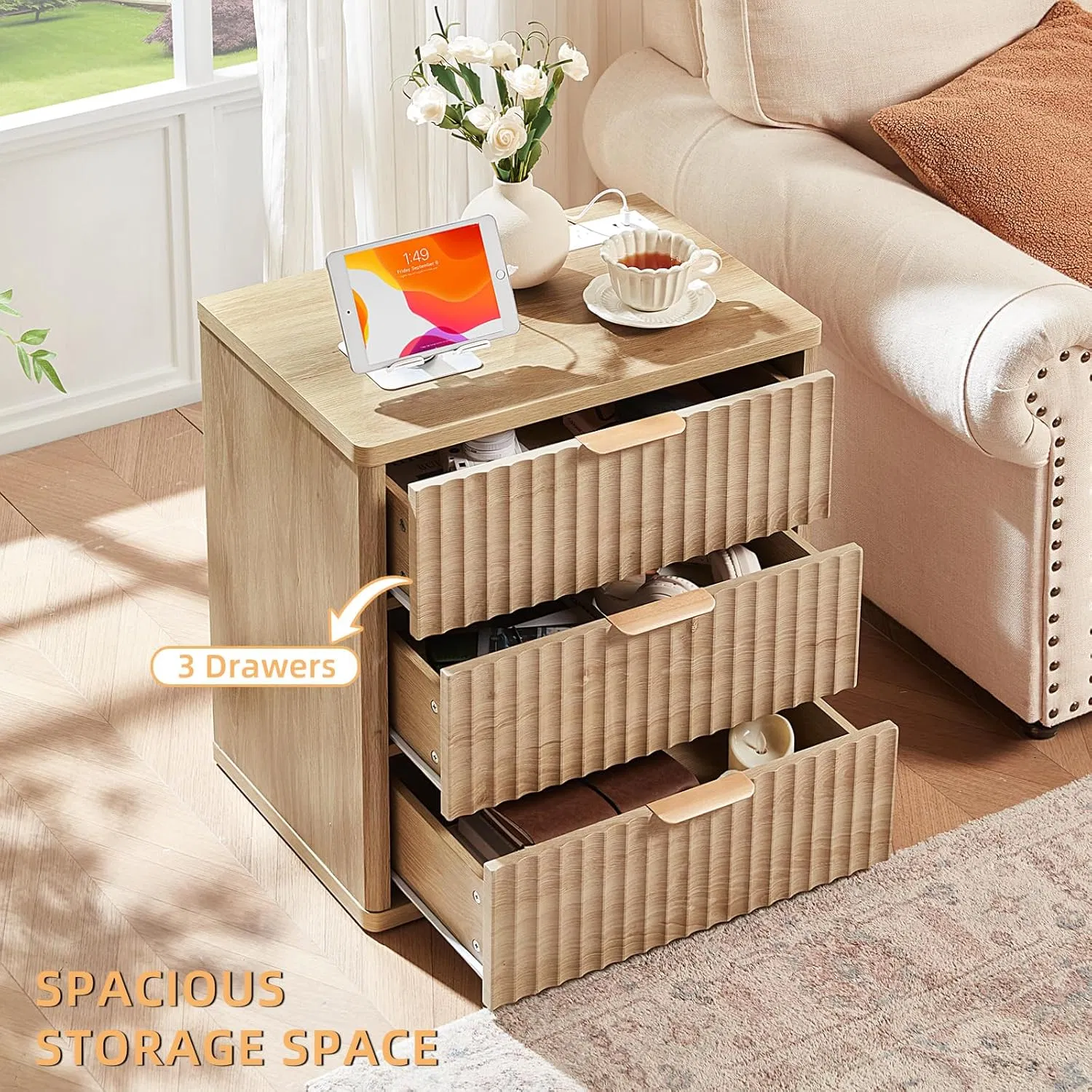 Modern Wide Fluted Wooden End Bedside Nightstand with Drawers for Bedroom or Living Room