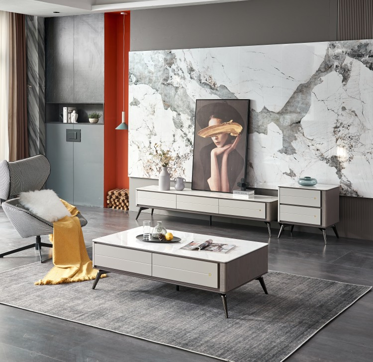 Luxury Living Room Gold Stainless Steel and Marble Rectangle Long TV Stand