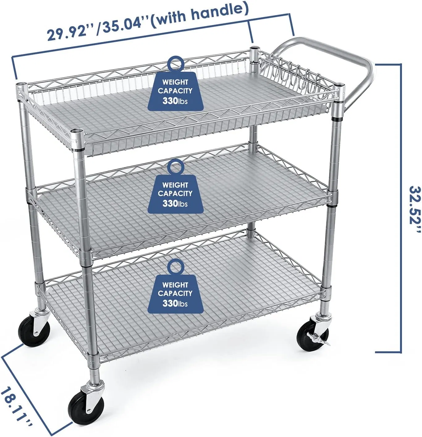 Tier Utility Cart, 990lbs Capacity Wire Rolling Cart with Wheels, Commercial Grade Service Cart with Shelving Liners and Handle Bar Metal Carts for Kitchen