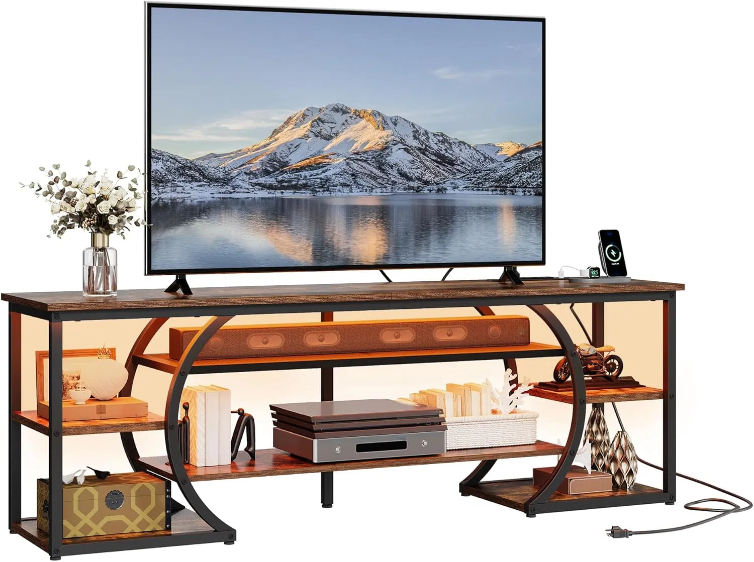 LED Entertainment Center TV Stand for Living Room with Storage Space Wooden