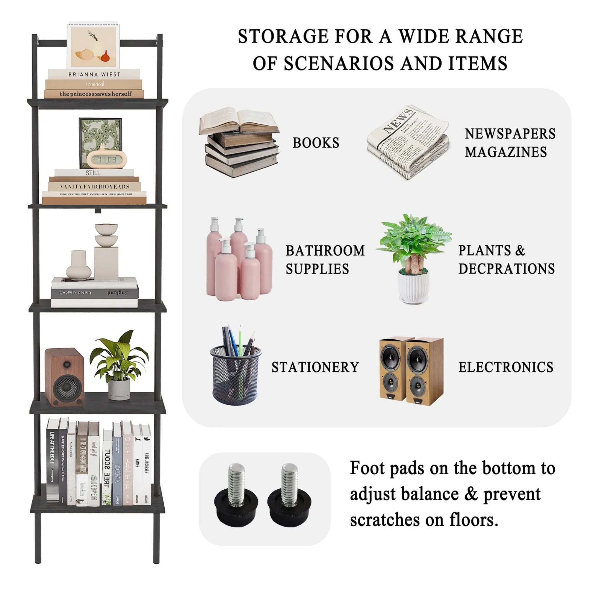 Ladder Shelf Multi-Layer Design Living Room Office Modern Steel Wood Wall Bookshelf