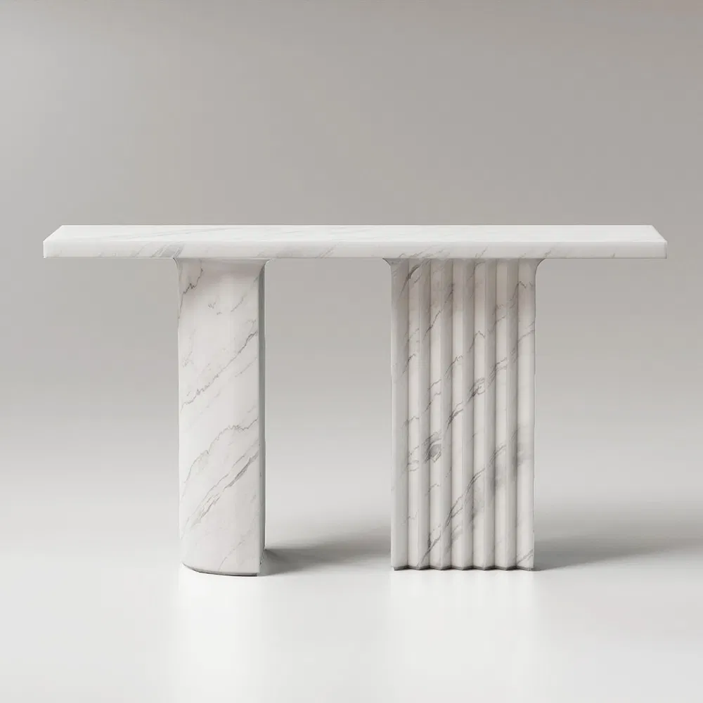 Calacatta Marble Console Table Fluted Column Base &amp; Round Leg Luxury Entryway Table