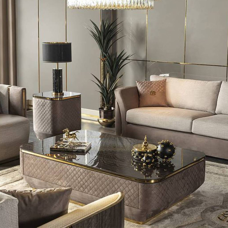 High-End Luxury Customized Coffee Table with Marble Top and Finest Stitching Fabric for Living Room Furniture