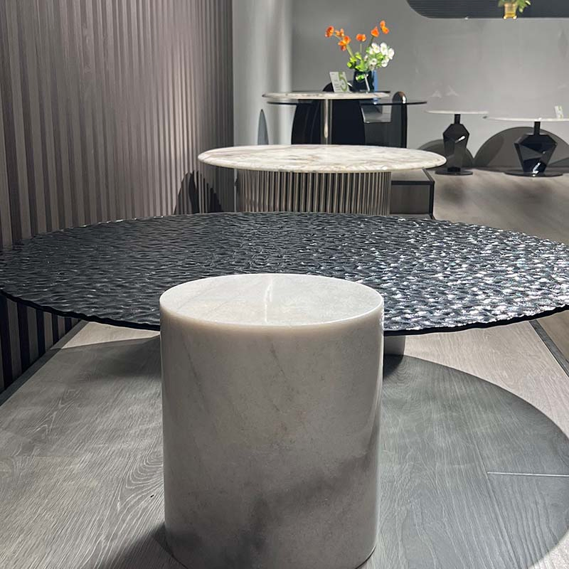 High-End Custom Luxury Modern Living Room Set Furniture Round Watermark Glass Marble Top Stand Base Coffee Table