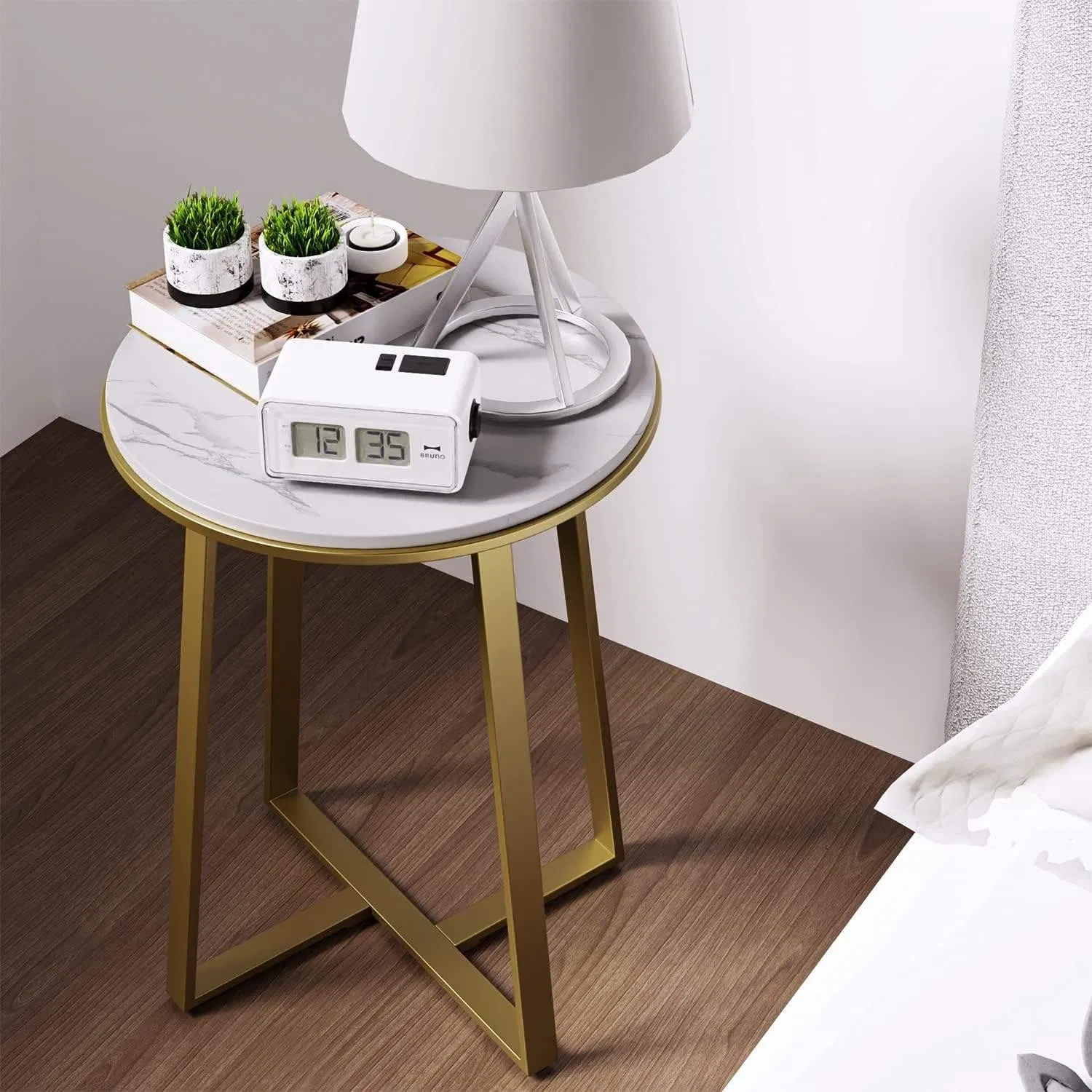 Pioen Round Tall End Side Table with for Bedroom Living Room or Smart Coffee Table Space, White