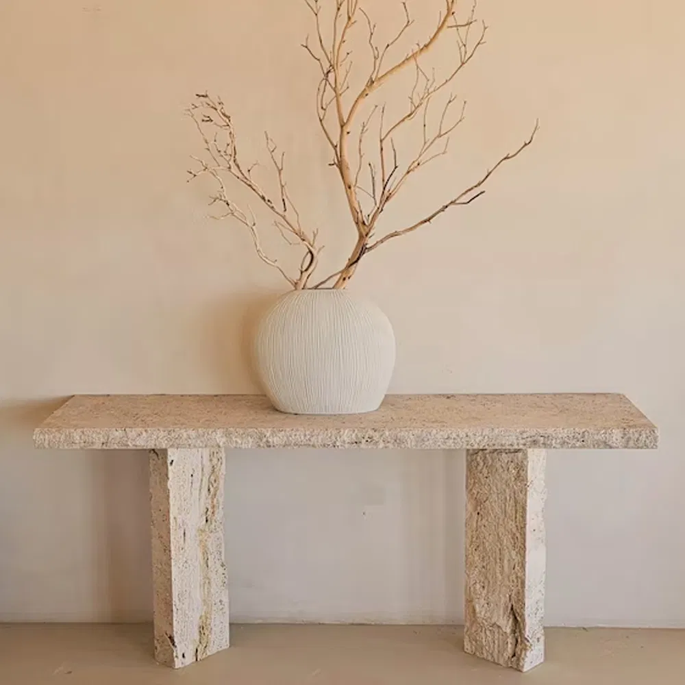 Natural Light Beige Travertine Console Table Natural Stone Console Table Beige Marble Entryway Table for Home Corian Artificial Marble
