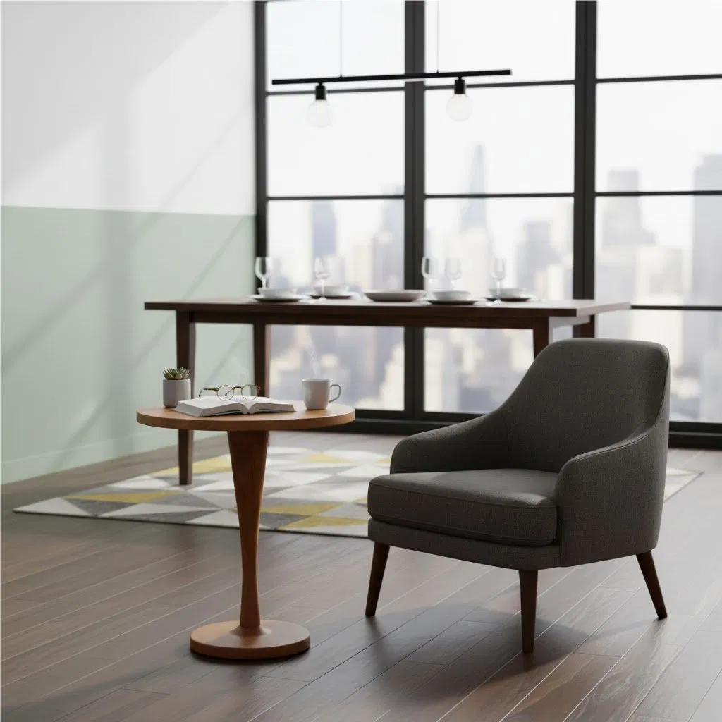 Sculpted Teak Round End Table, Swirl Pedestal Leg for Living Room Decor