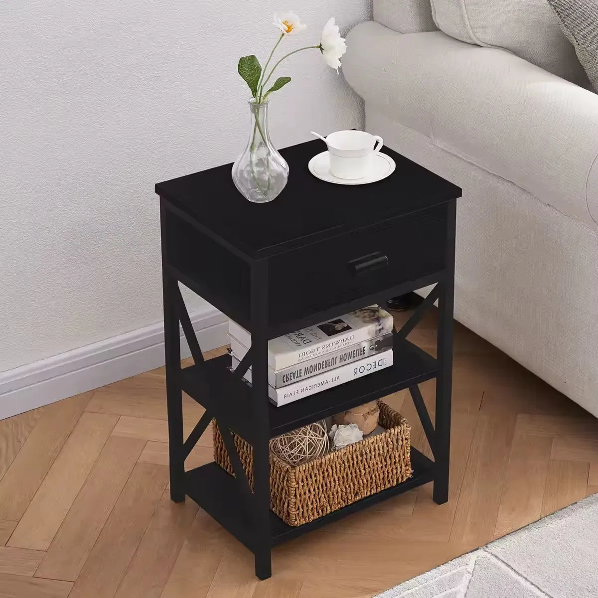Modern Narrow Nightstand with Storage Shelf and Drawer - Bedroom Furniture