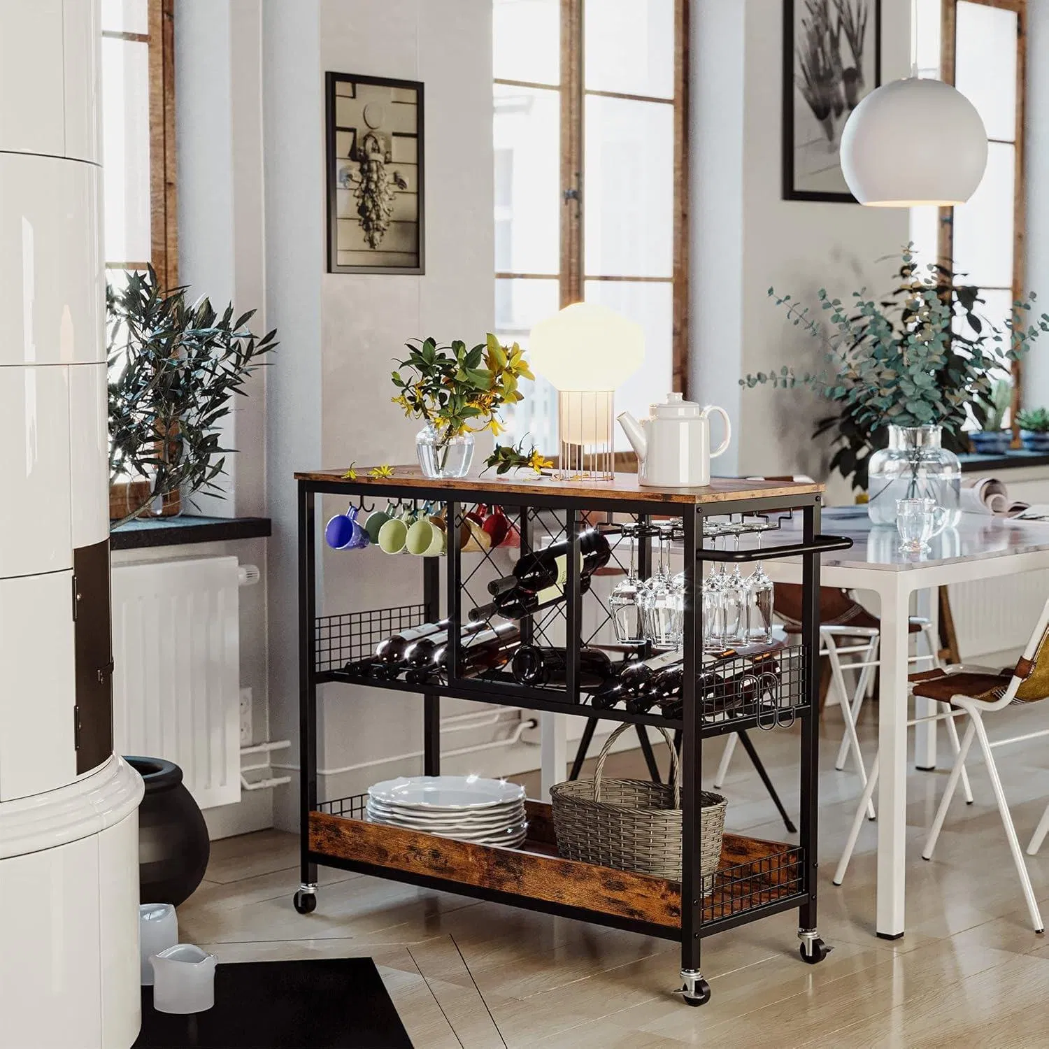 Elegant Vintage Brown Bar Cart with Wine Storage and Glass Holders