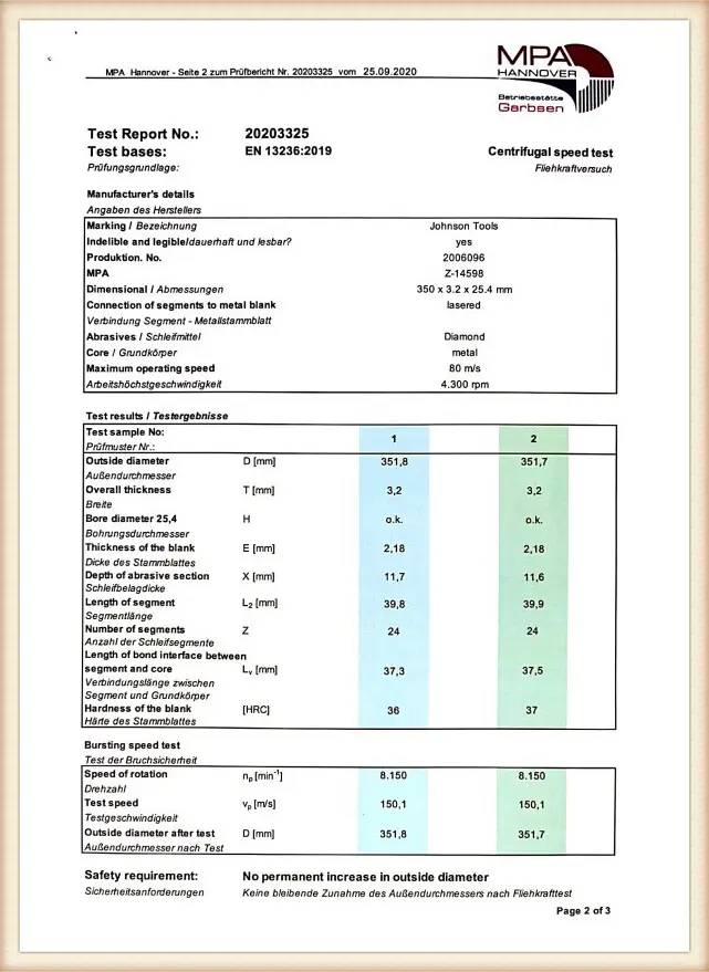Johnson Tools product quality certificate 08