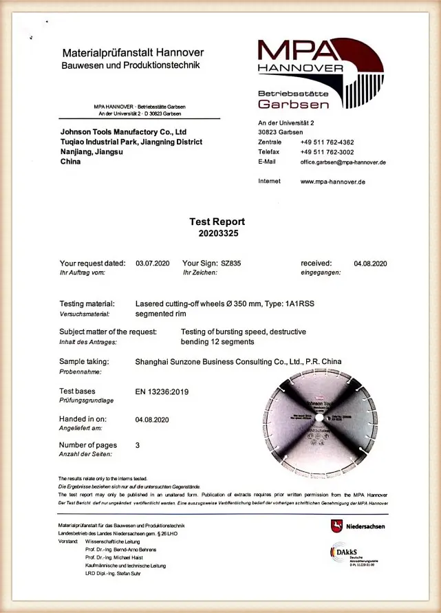 Johnson Tools product quality certificate 07