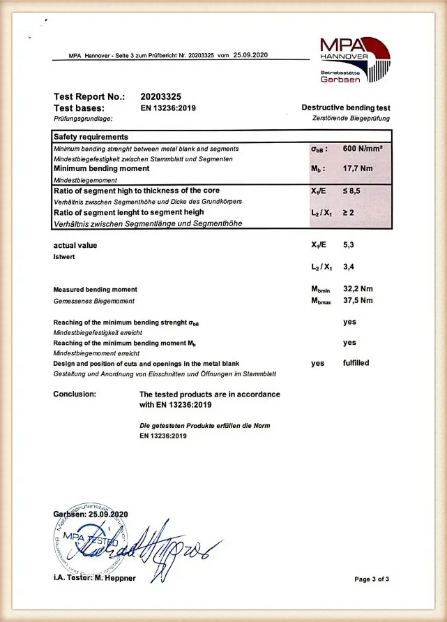 Johnson Tools product quality certificate 09