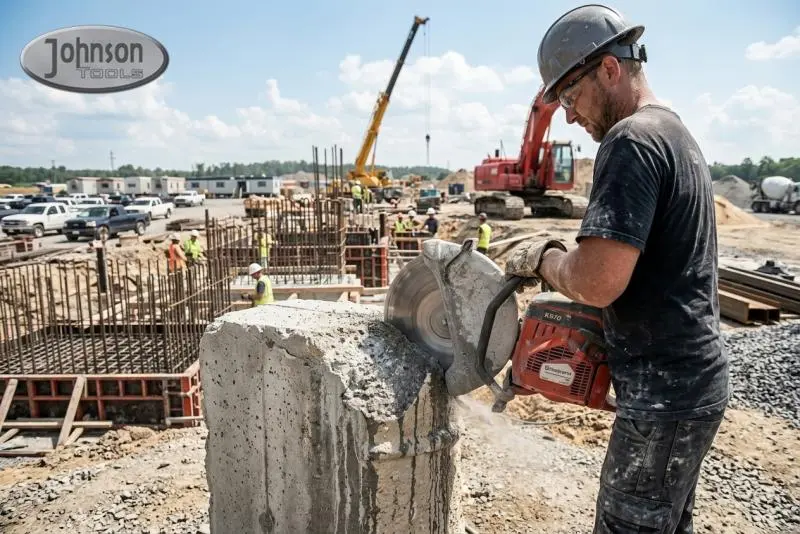 Contractor cutting concrete with a diamond blade showing glazing
