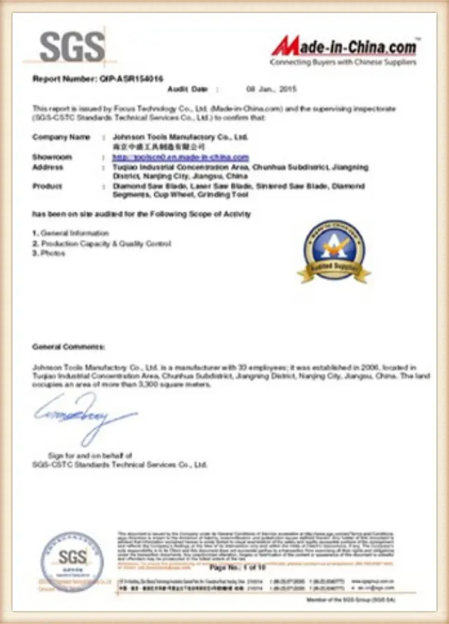 Johnson Tools product quality certificate 11