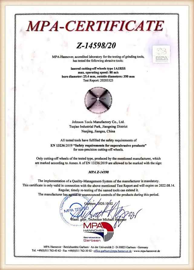 Johnson Tools product quality certificate 06
