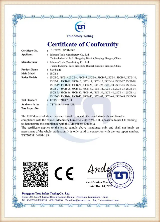 Johnson Tools product quality certificate 05