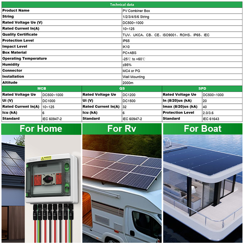 CNLonQcom IP65 DC1000V PV Combiner Box 3-String Solar Panel Combiner Circuit Breaker Surge Protector DC1000V DC IP65 Waterproof