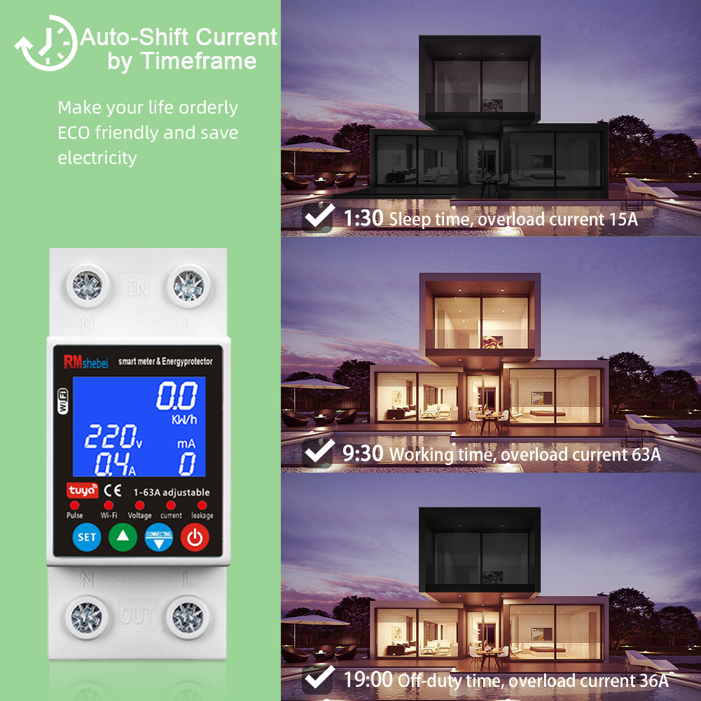 RMshebei Tuya Smart Life Switch 63A 2P Circuit Breaker WiFi PV Metering 220V Voltage Protector Remote Control Electricity Meter
