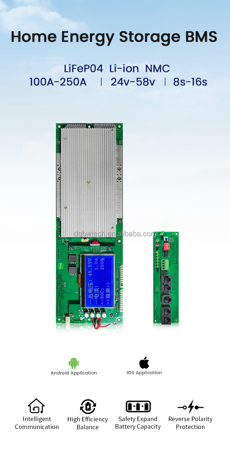 Smart BMS with BT 16S 51.2V 100A 200A Lithium Lifepo4 Battery BMS For RS485 balance parallel inverter solar home energy system