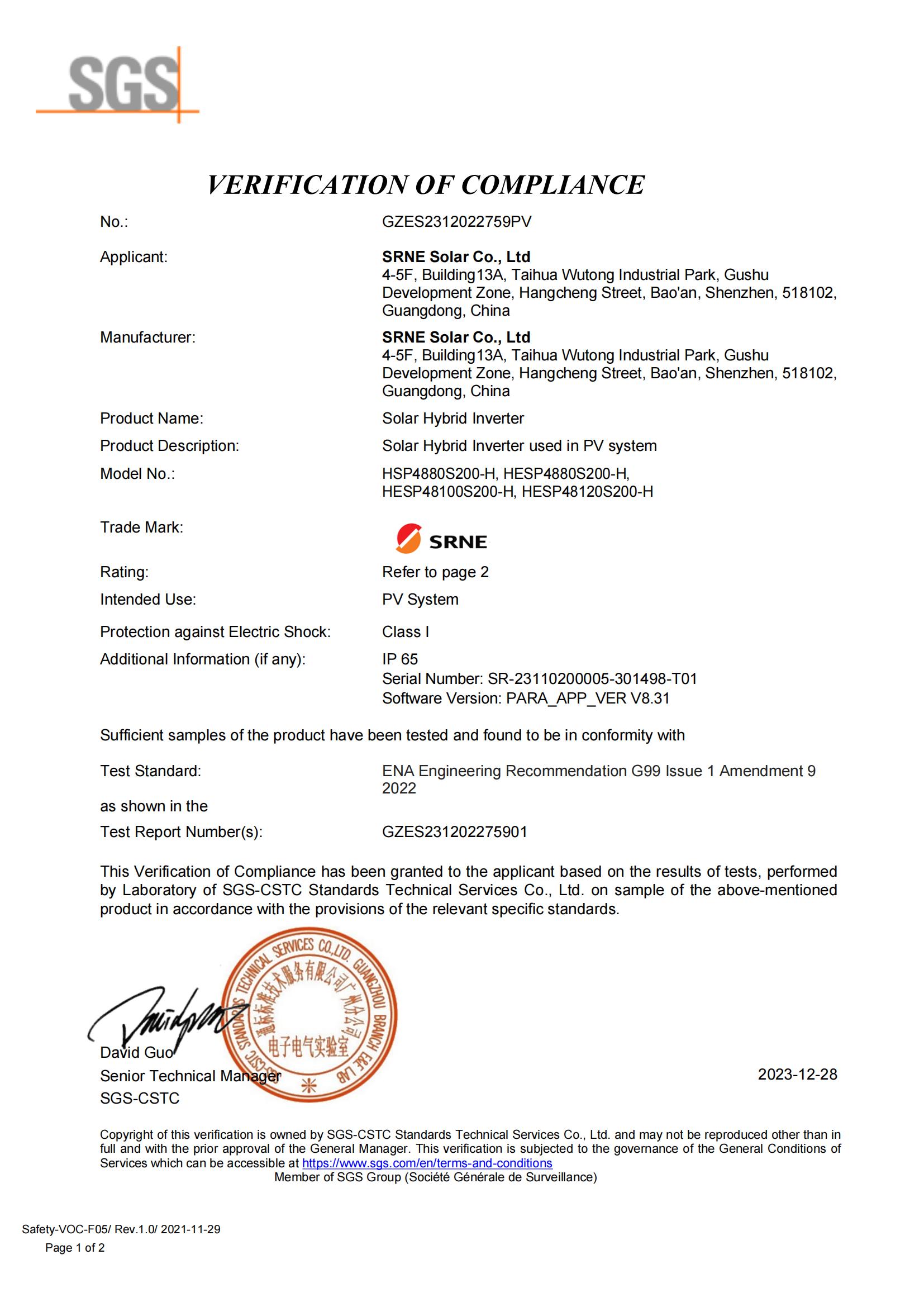 IP65 8-12KW G99 Certificate
