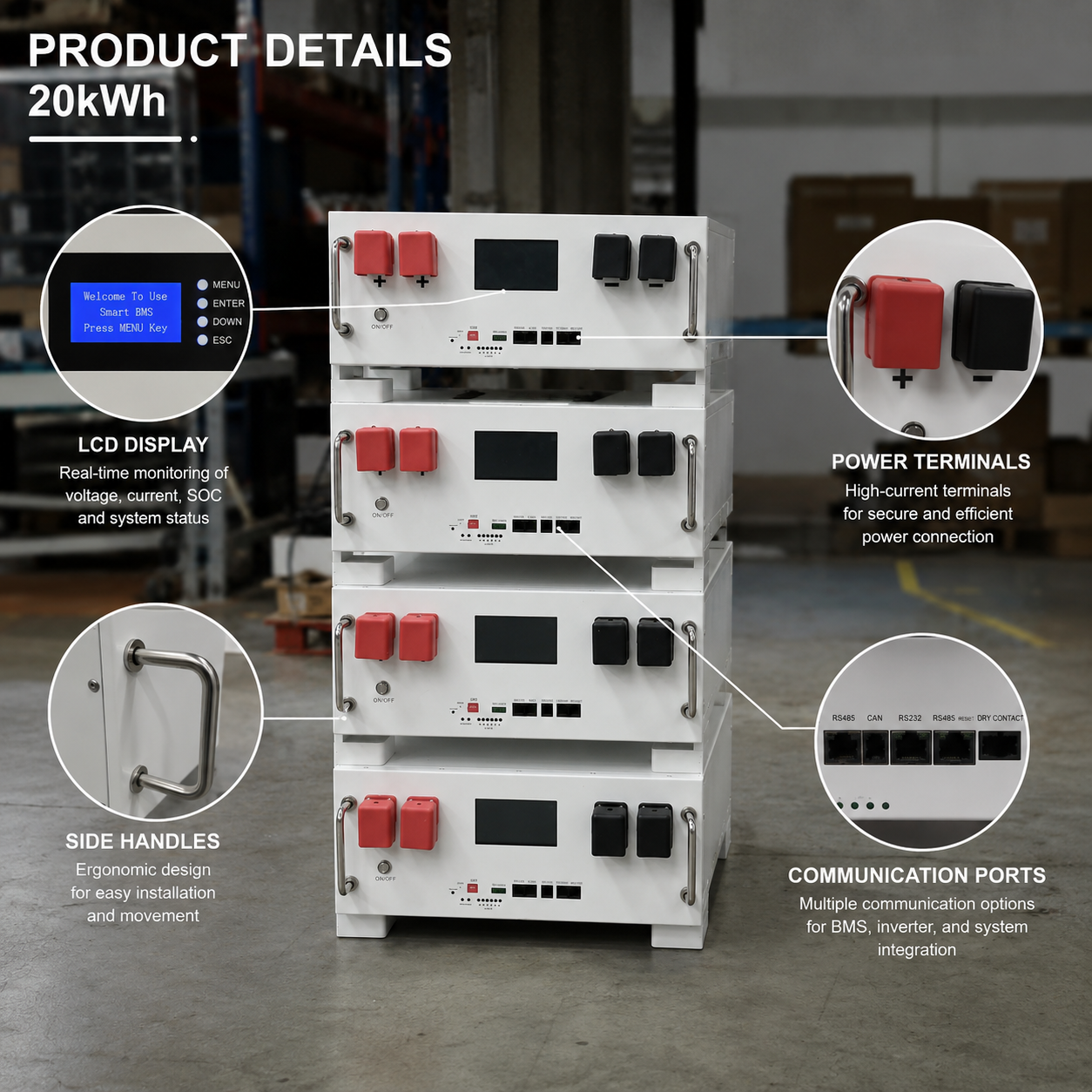20kWh Small Commercial Industrial Energy Storage System BESS IP54 Waterproof Outdoor Solar PV LiFePO4 Battery Cabinet Smart BMS