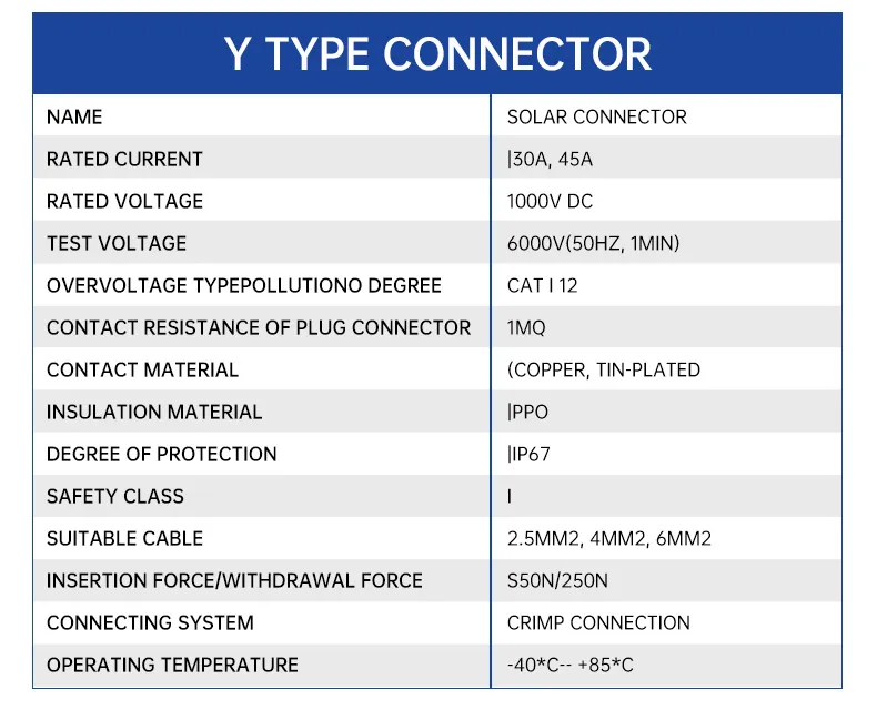 Solar PV Y Branch Connector 1000/1500V IP68 PPO Insulation for PV Cable