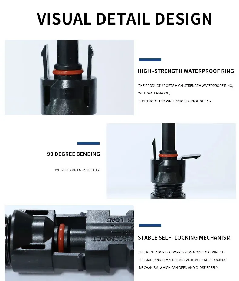 IP67 Waterproof Solar Photovoltaic Panel Connector Mc4 1500V 50A Durable DC Cable Joint Detail 4