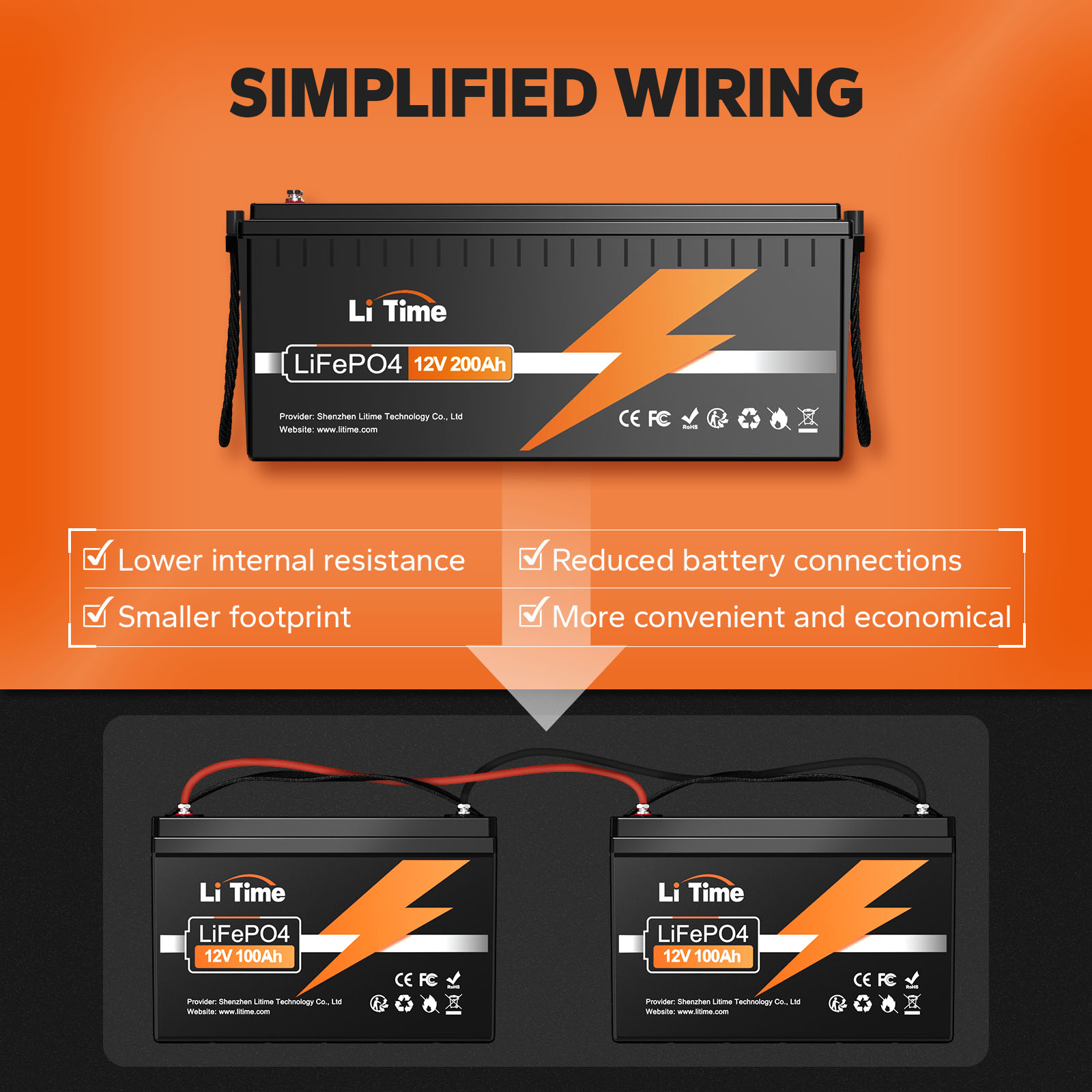LiTime EU US STOCK Lifepo4 Battery 12v 200ah Battery Solar Lithium Ion Battery Pack for Home Solar Storage System Rv Marine