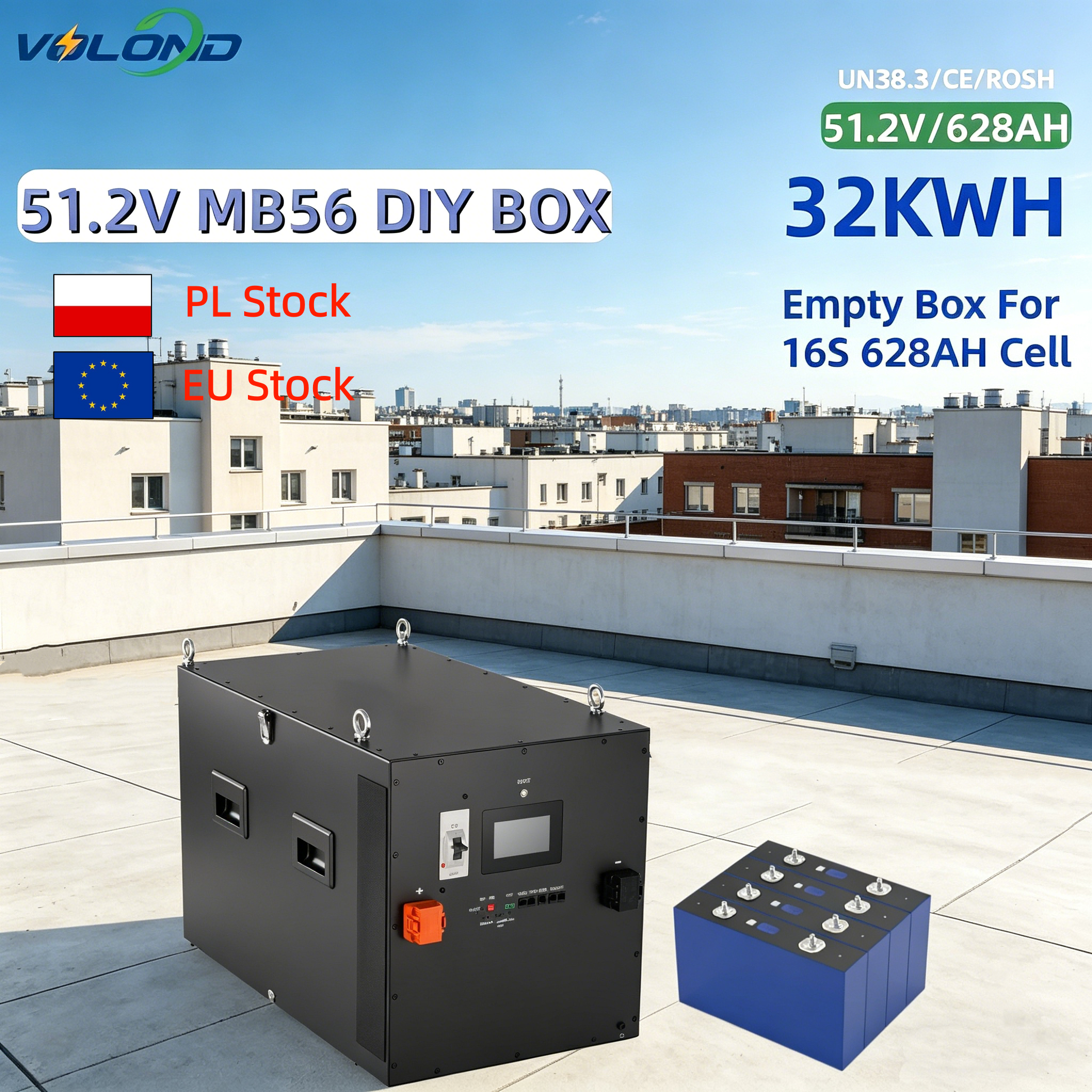 MB56 DIY Box Kit 51.2V 16S 628Ah LiFePO4 Battery JK BMS Stackable All-In-One Solar Storage CAN IP66 30-40KW Flexible Busbar LCD