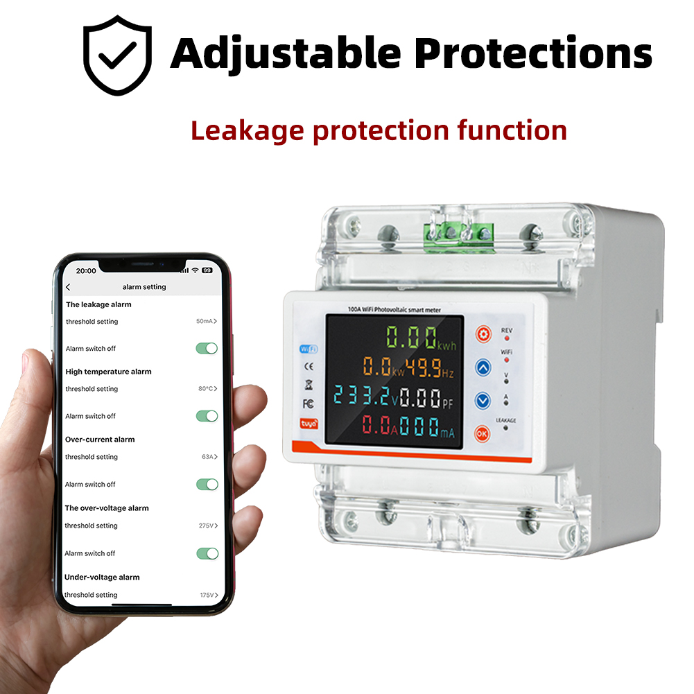 RMshebei Tuya Control Switch Smart 100A Wifi Circuit Breaker Energy Meter Kwh Earth Leakage Over/Under Voltage Protector 220V