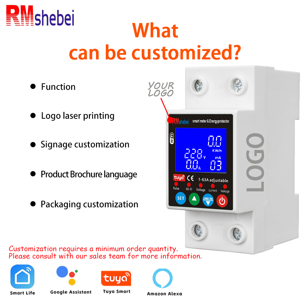 RMshebei Tuya Smart Life Switch 63A 2P Circuit Breaker WiFi PV Metering 220V Voltage Protector Remote Control Electricity Meter