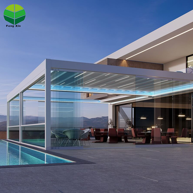 Electric Retractable Pergola Aluminum Waterproof Louvered Roof Fully Automatic Motorized Folding Shade for Outdoor Patio Garden