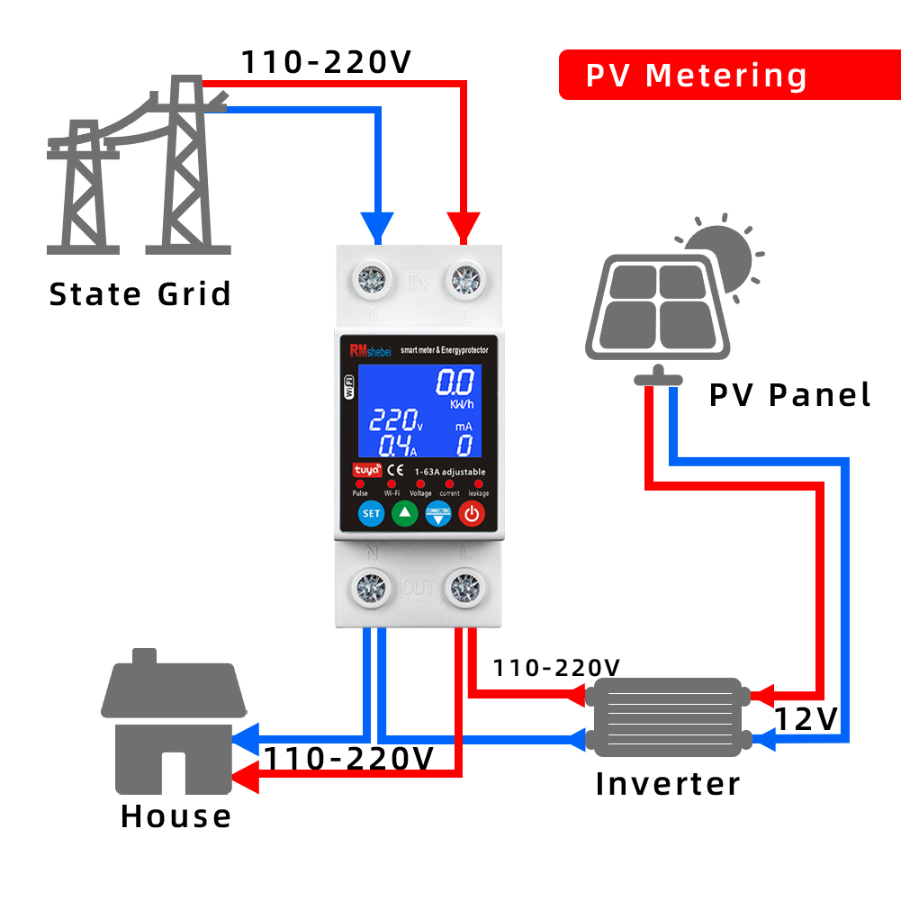 RMshebei Tuya Smart Life Switch 63A 2P Circuit Breaker WiFi PV Metering 220V Voltage Protector Remote Control Electricity Meter