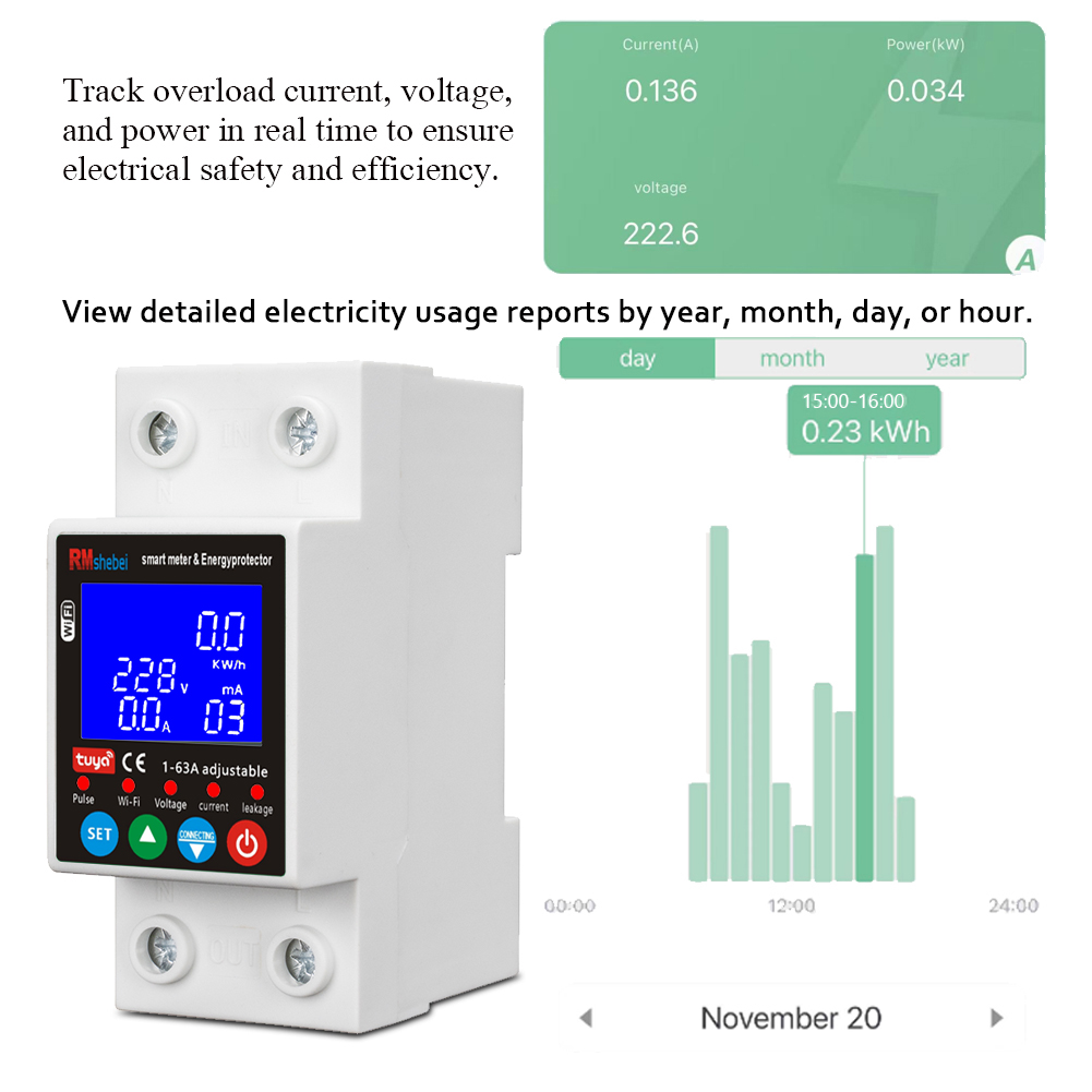 RMshebei Tuya Smart Life Switch 63A 2P Circuit Breaker WiFi PV Metering 220V Voltage Protector Remote Control Electricity Meter