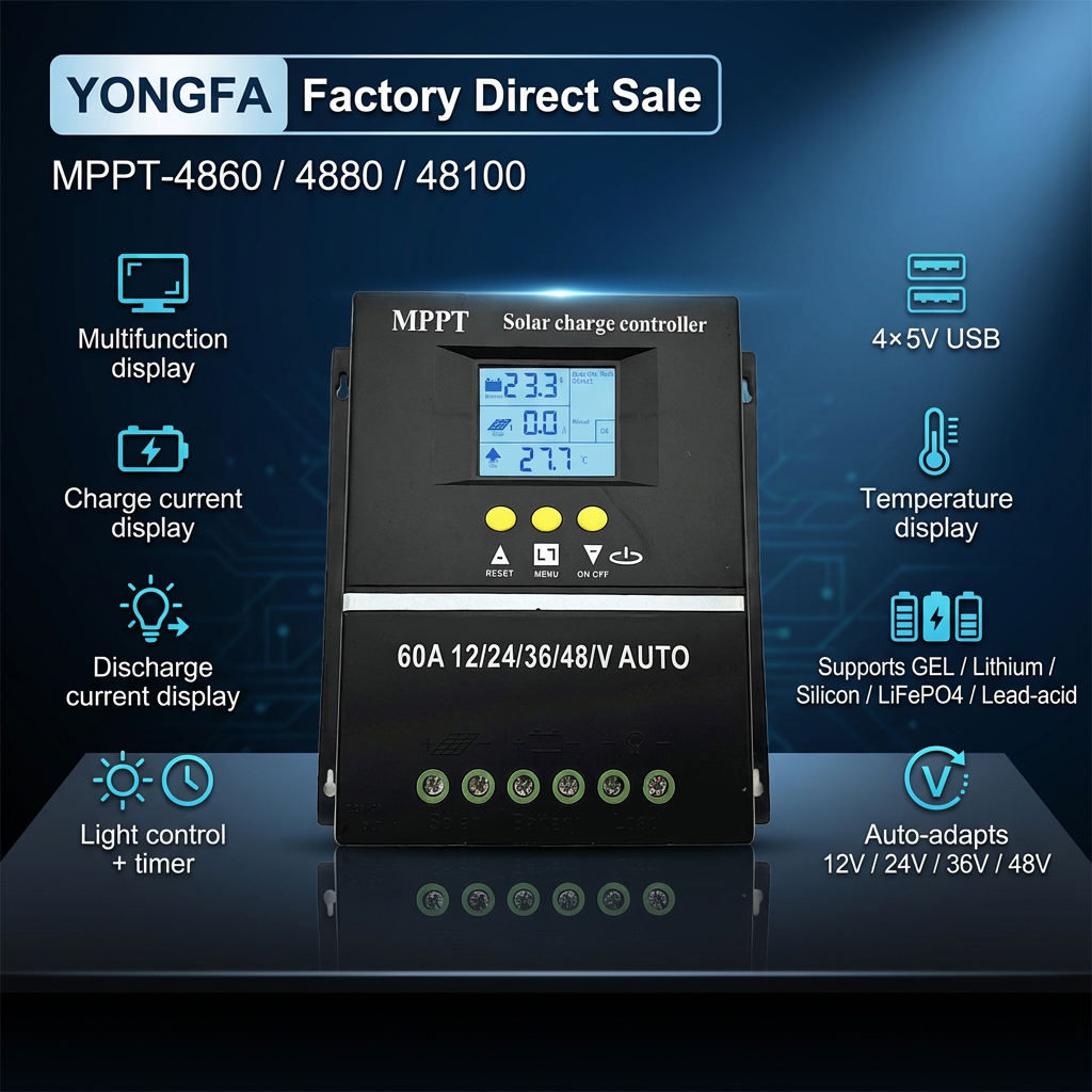 YongFa SY4860A 12V-48V AUTO PWM Solar Charge Controller LCD Display Dual USB 480W Max PV Power 100V Max PV Voltage Lead-acid