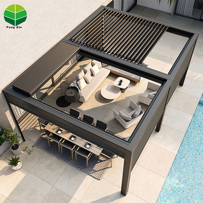 Electric Retractable Pergola Aluminum Waterproof Louvered Roof Fully Automatic Motorized Folding Shade for Outdoor Patio Garden