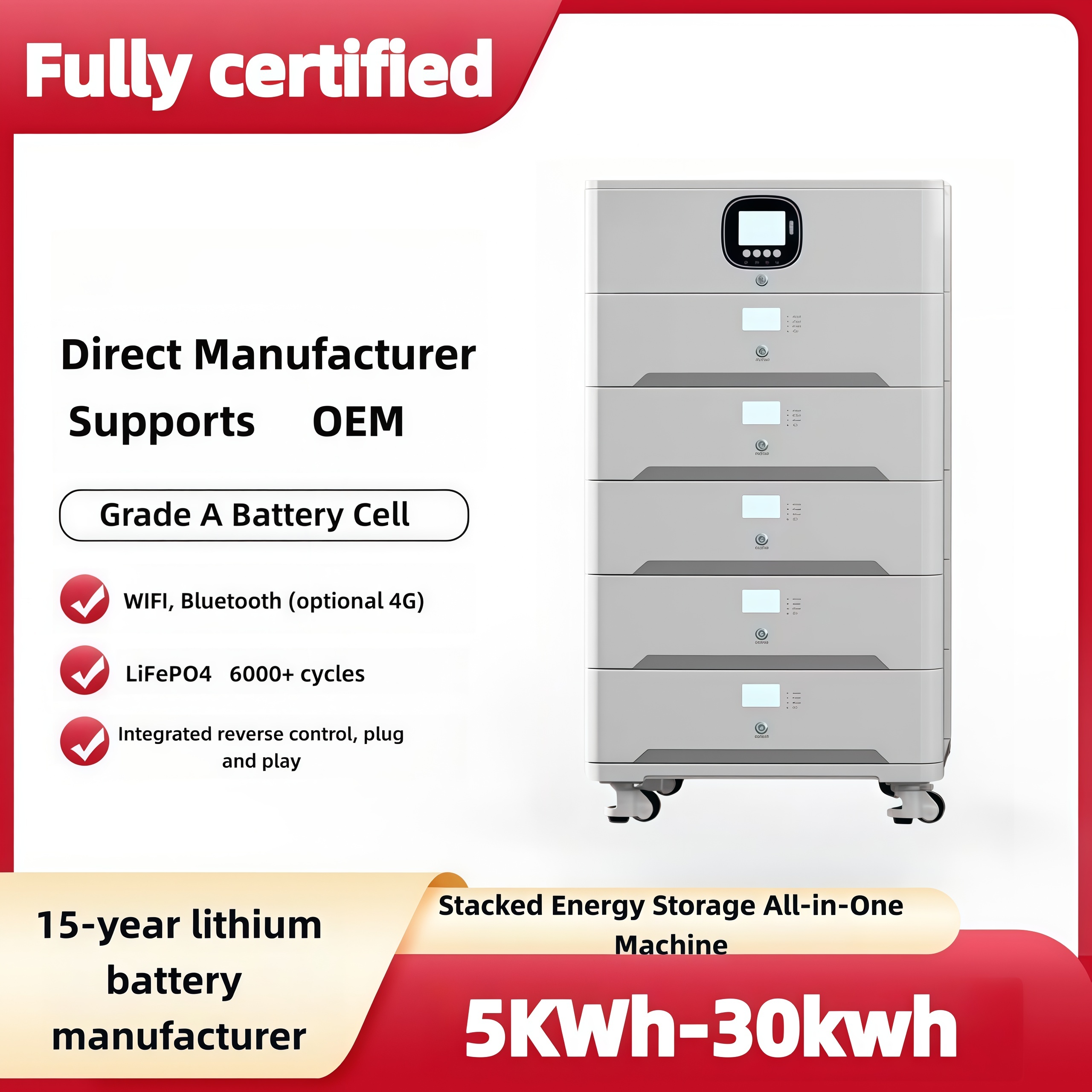 Stackable Grade A Home Battery Storage System 51.2V LiFePO4 10KW Hybrid Inverter All-in-One Solar System With BMS 5kWh To 30kWh