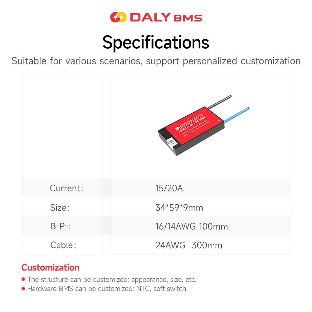 Daly Bms Manufacturer Electric Vehicle Scooter Solar System Lifepo4 4S 12V 10A 15A 20A 30A Lithium Battery Management System