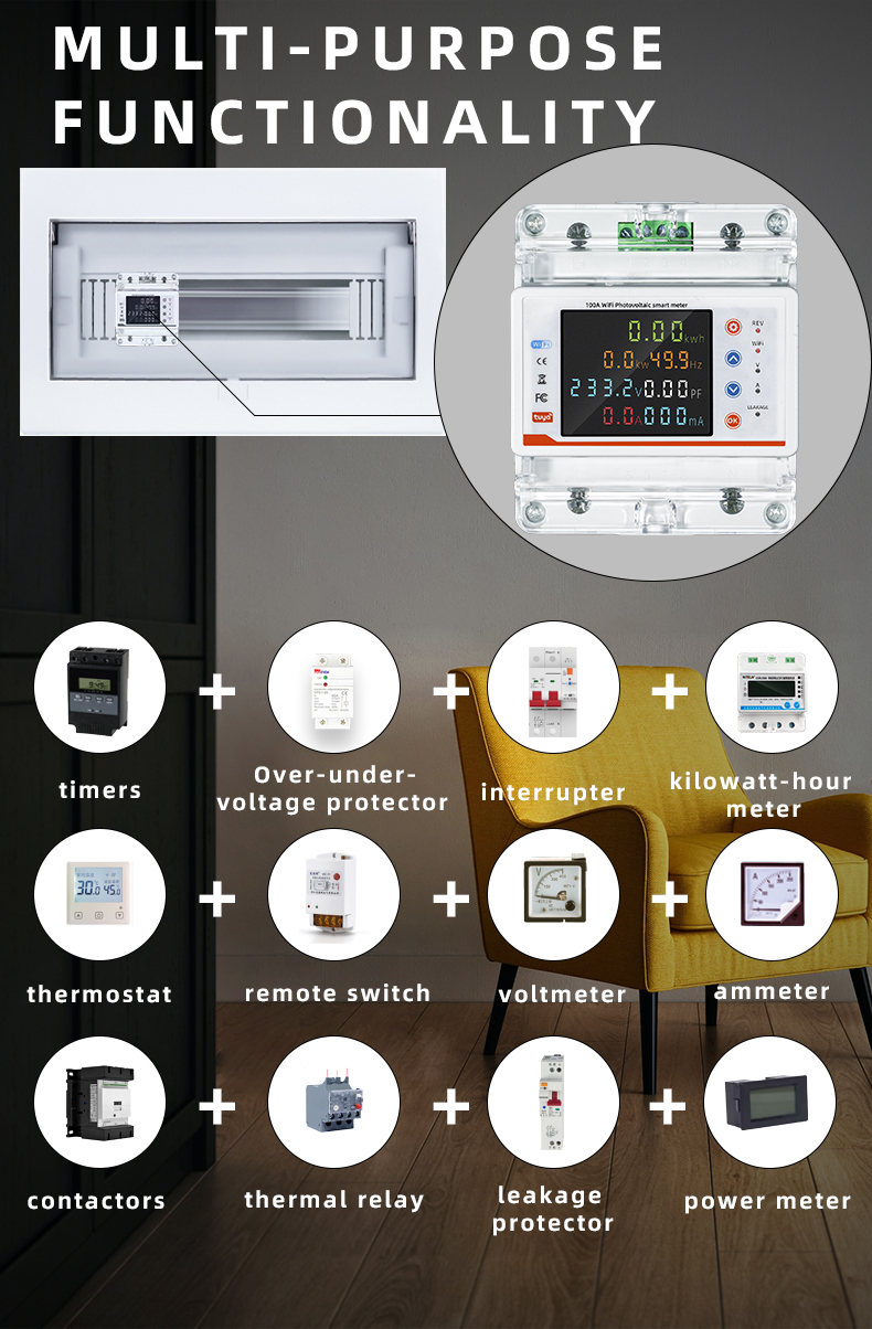 RMshebei Tuya Control Switch Smart 100A Wifi Circuit Breaker Energy Meter Kwh Earth Leakage Over/Under Voltage Protector 220V