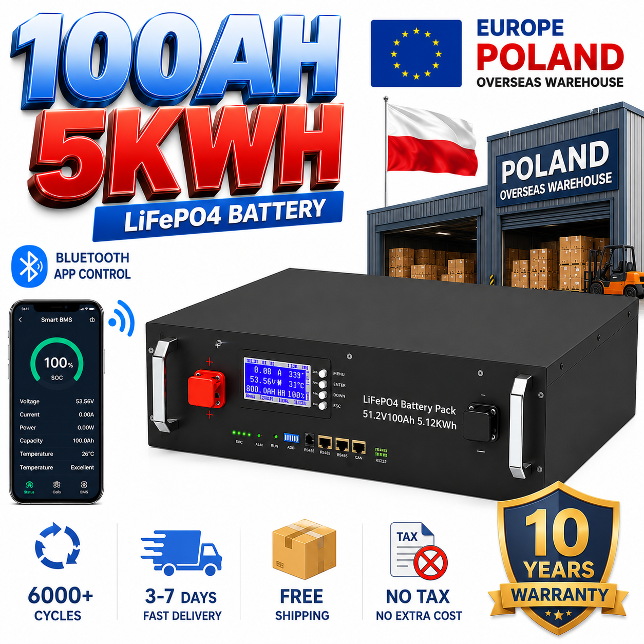 CERRNSS EU Stock 5KWh 10KWh 15KWh 51.2V Solar Lithium Battery 48V LiFePO4 Battery 100AH 150AH 200AH 300AH Home Energy Storage
