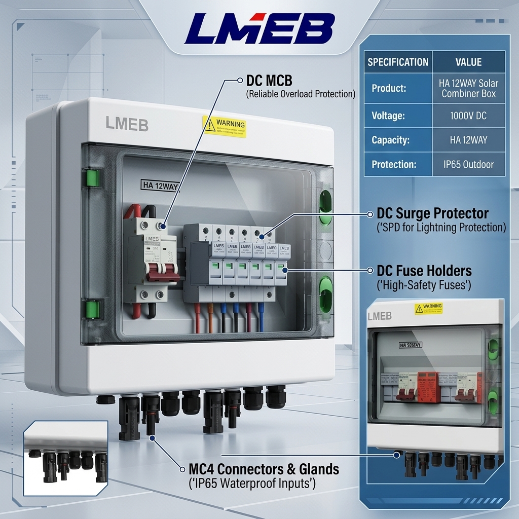 CE Certified HA12WAY IP65 Waterproof 1000V PV Combiner Box 2-in-1 Junction Box with DC Breaker SPD for Solar Array System