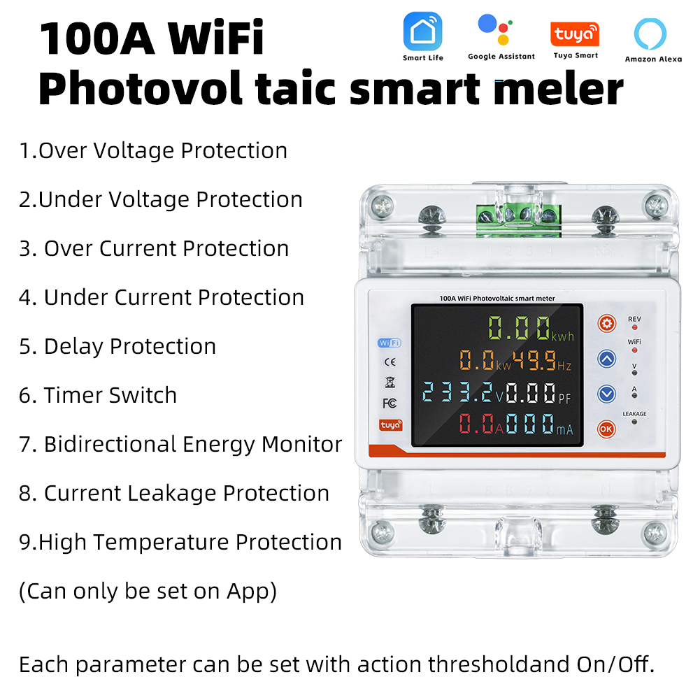 RMshebei Tuya Control Switch Smart 100A Wifi Circuit Breaker Energy Meter Kwh Earth Leakage Over/Under Voltage Protector 220V