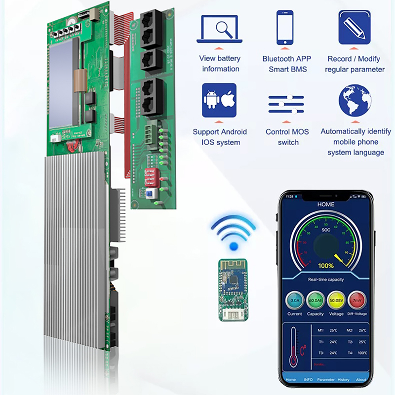 Smart BMS with BT 16S 51.2V 100A 200A Lithium Lifepo4 Battery BMS For RS485 balance parallel inverter solar home energy system
