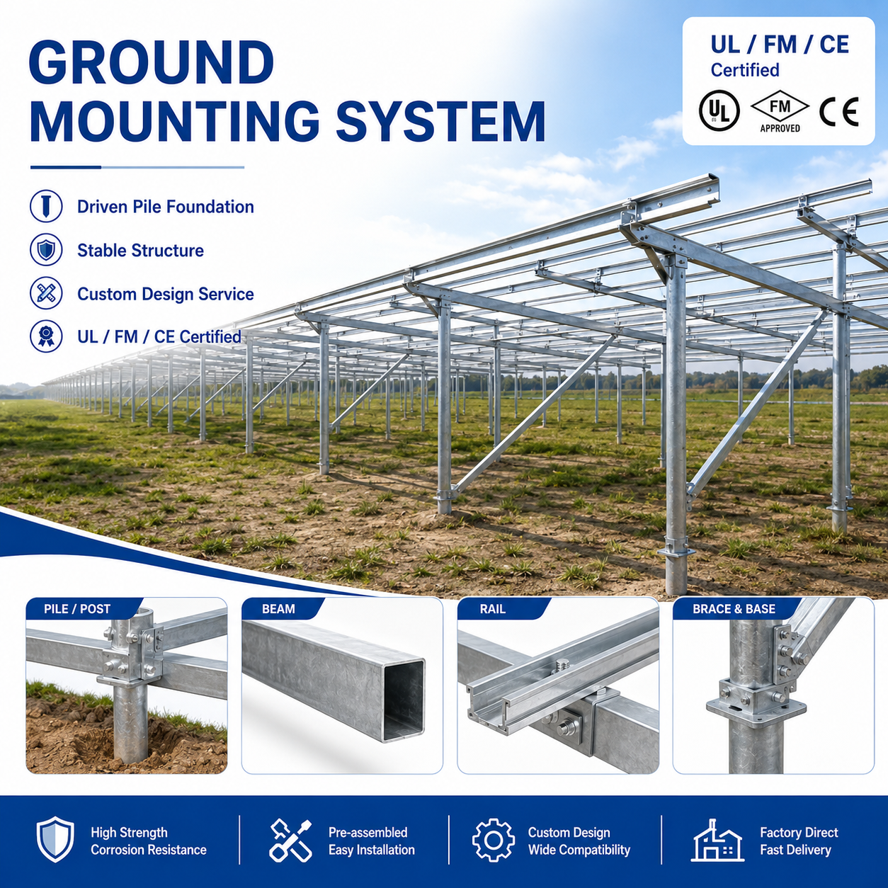Solar Ground Mounting System Steel Mounting Structure For Utility Photovoltaic Power Plant Engineering