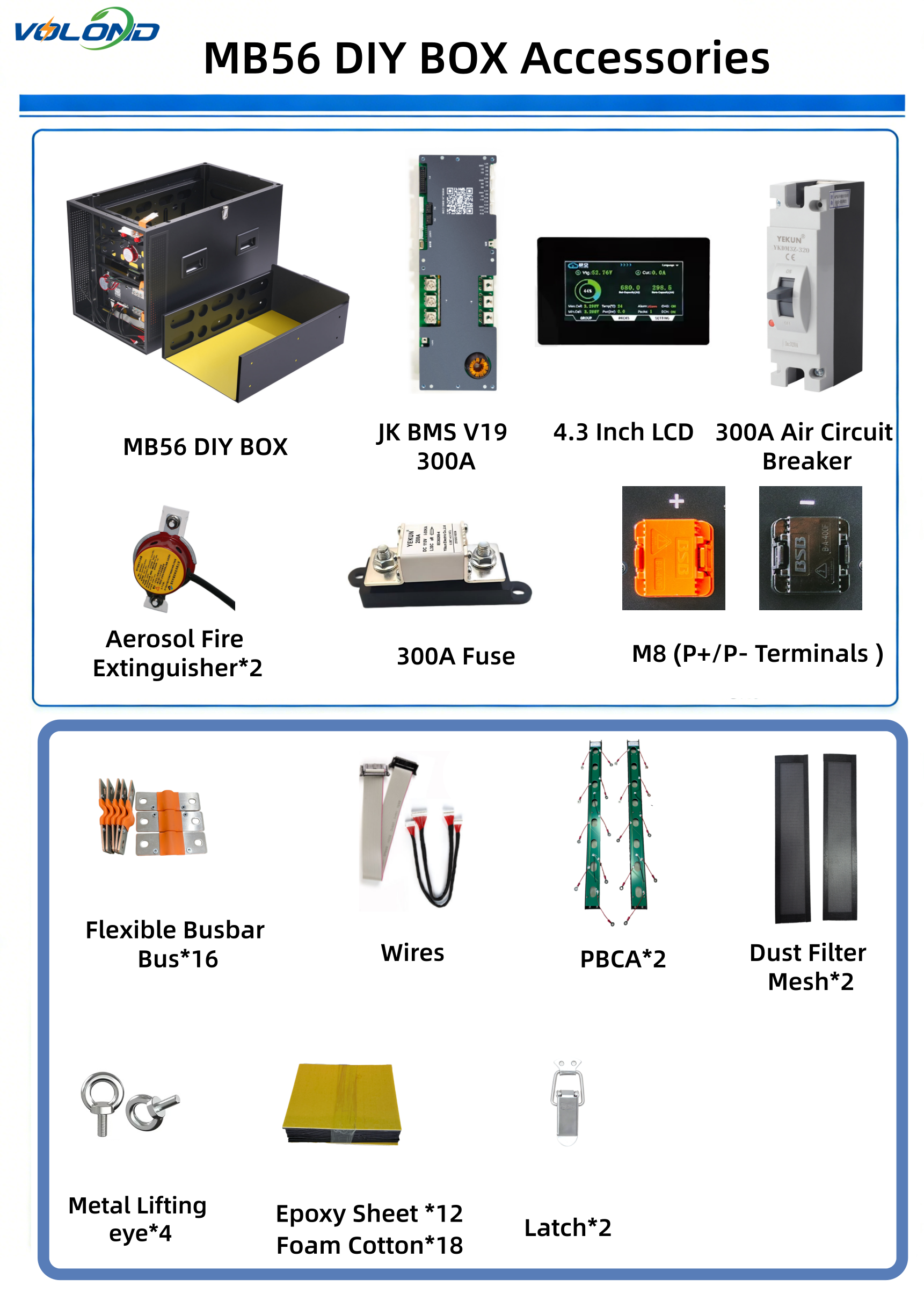 MB56 DIY Box Kit 51.2V 16S 628Ah LiFePO4 Battery JK BMS Stackable All-In-One Solar Storage CAN IP66 30-40KW Flexible Busbar LCD