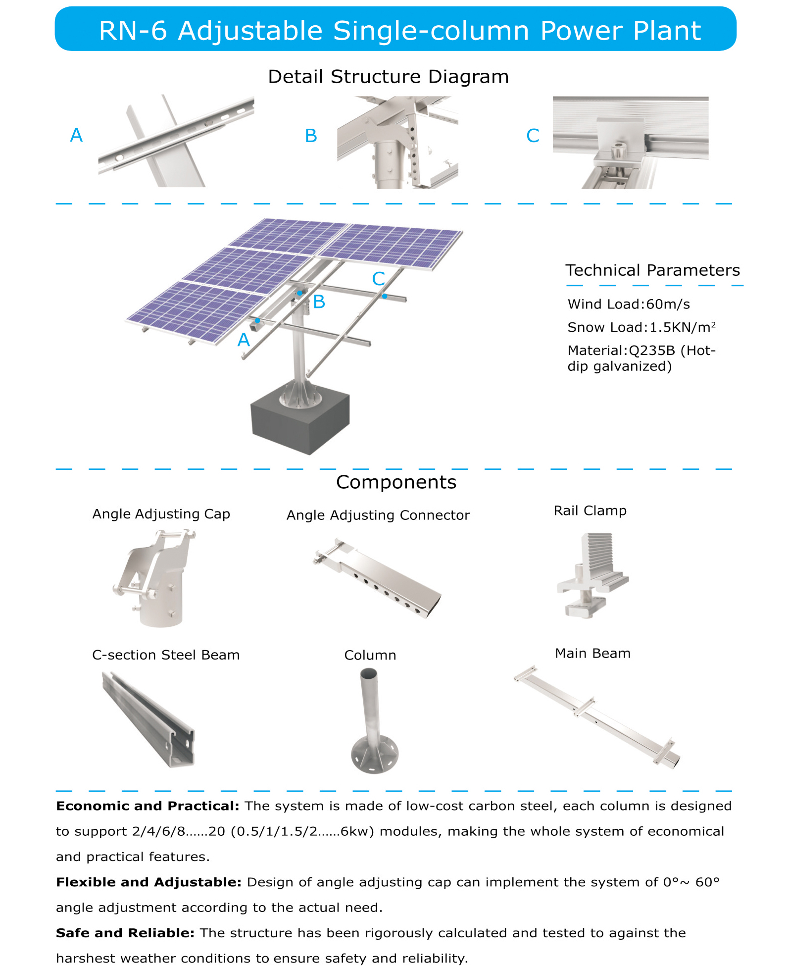 Tilt Adjustable Single Pole Ground Mounting System Solar Panels Mounting Rack Details