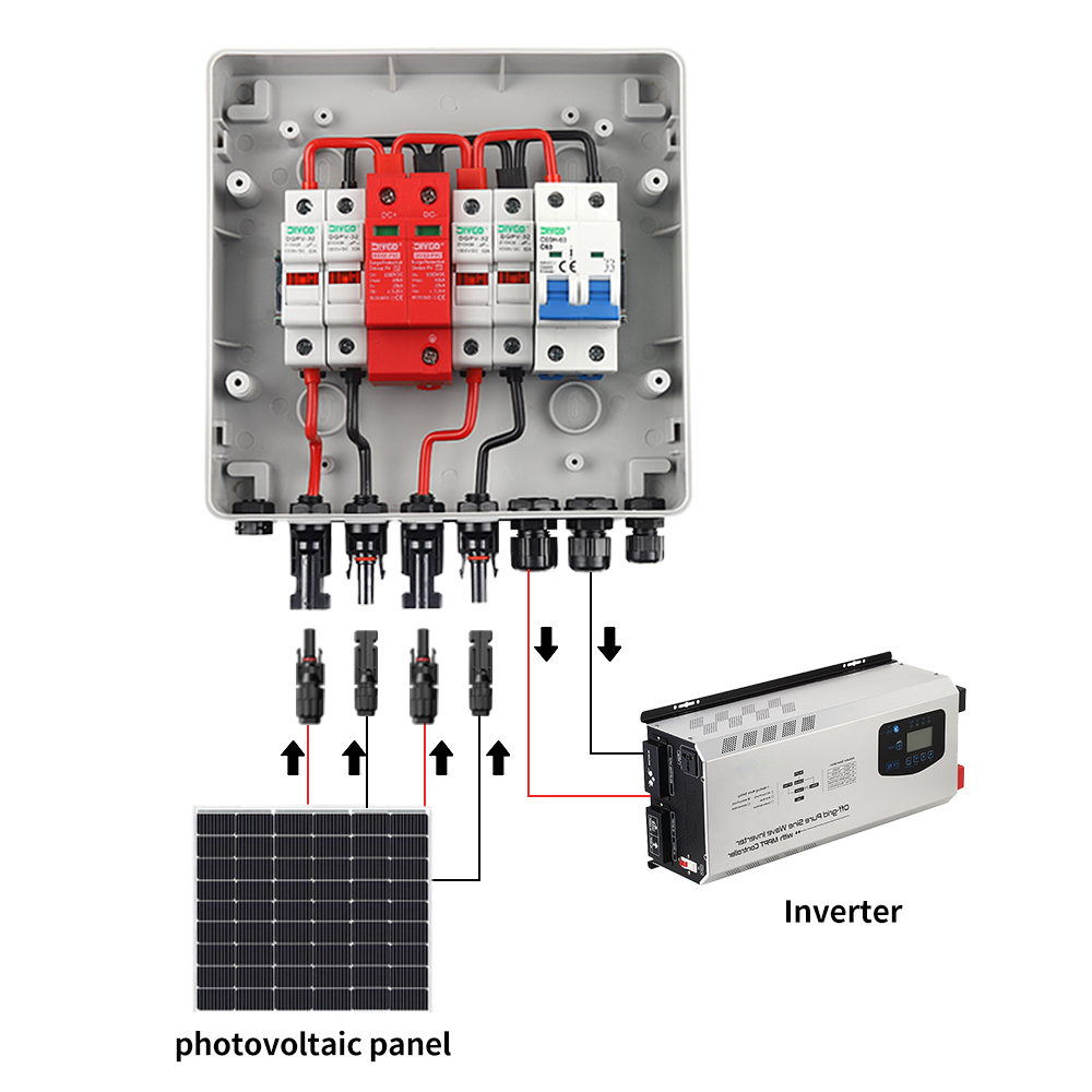 Solar Photovoltaic DC 500V PV Combiner Box With Lightning Protection 2 Input 1 Out Fuse MCB SPD Waterproof Box IP65